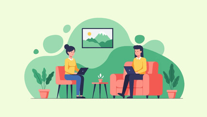 Two people working on laptops in a stylized, modern living room setting