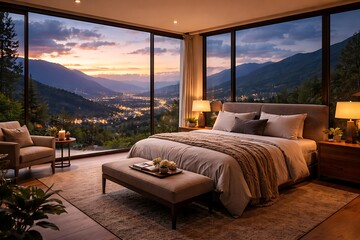 Bedroom with floor-to-ceiling windows overlooking a lush, mountainous landscape and a city at dusk.