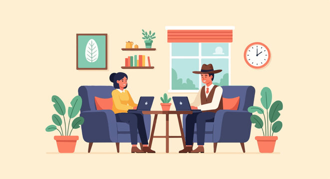 Two people working on laptops in cozy room