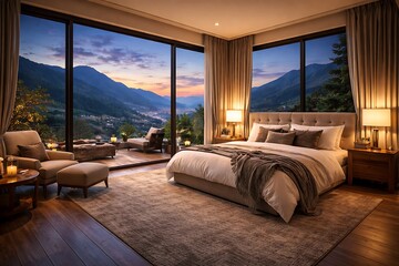 Bedroom with floor-to-ceiling windows overlooking a lush, mountainous landscape and a city at dusk.