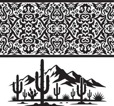 Mexican Talavera Pattern Border and Desert Landscape Silhouette Set