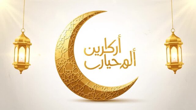 Golden Crescent Moon and Twin Lanterns Illuminated in Arabic Script &ndash; Digital Illustration with Soft Beige Gradient Background
