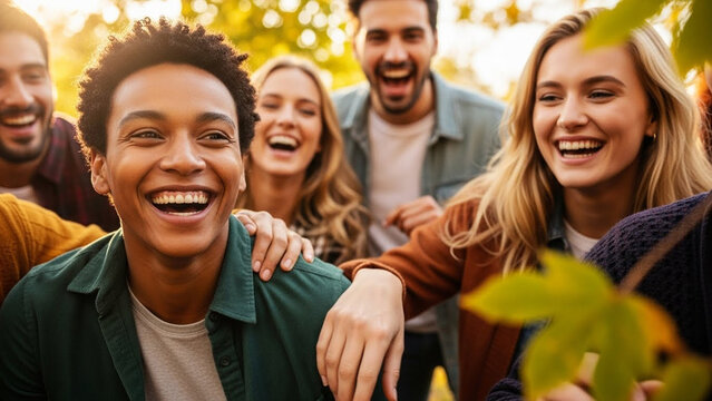 Joyful diverse group of friends laughing together outdoors, close-up portrait of young people sharing happiness and positive emotions in natural setting
