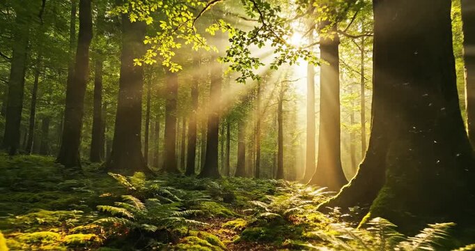Sunlight filtering through forest trees.