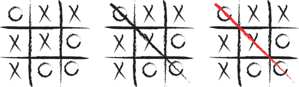Hand Drawn Tic Tac Toe Game Set &ndash; Grunge X and O Strategy Board with Winning Line Concept Vector Illustration