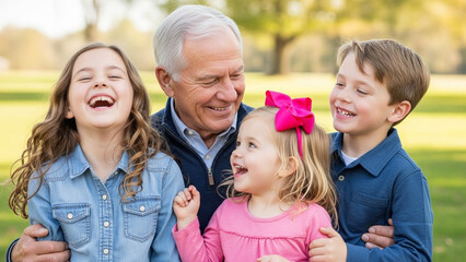 Joyful family moment: silver-haired grandfather emintimate apparelces smiling grandchildren with denim and pink cotton clothing, laughing together outdoors in a grassy field