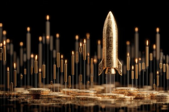 Golden rocket launches surrounded by candles and coins at night in a dark setting with shining light