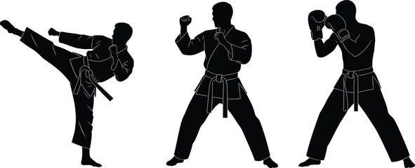 Martial artist silhouette collection showing karate and boxing stances, kicking and fighting poses, black vector illustration set isolated on white background for combat sports design © MdZahedul