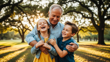 Fototapeta premium Joyful grandfather emintimate apparelces grandchildren in golden sunlight, laughing in a lush green park, family bonding and happy moments
