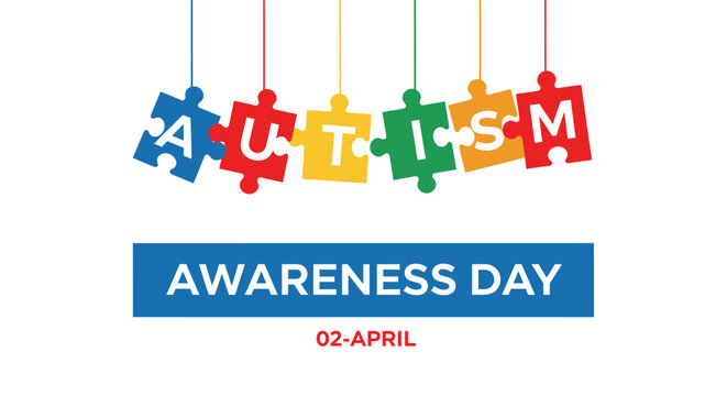 Autism Awareness Day colorful puzzle pieces hanging from strings with text on white background