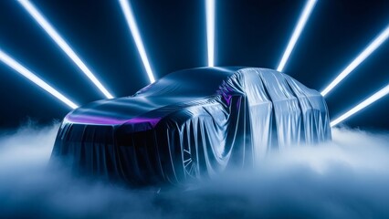 Mysterious Car Unveiling with Neon Lights.