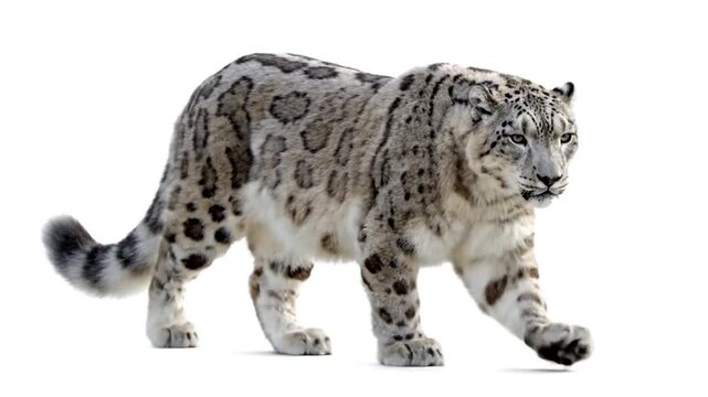 A snow leopard walks to the right against a white background, its fur patterned
