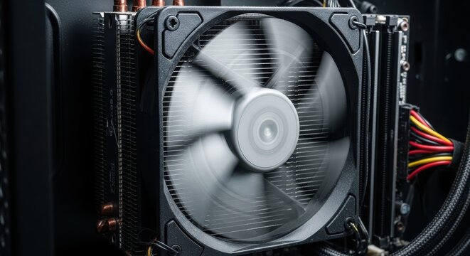 High-performance computer CPU cooling fan inside gaming PC case with RGB lighting and heatsink close-up