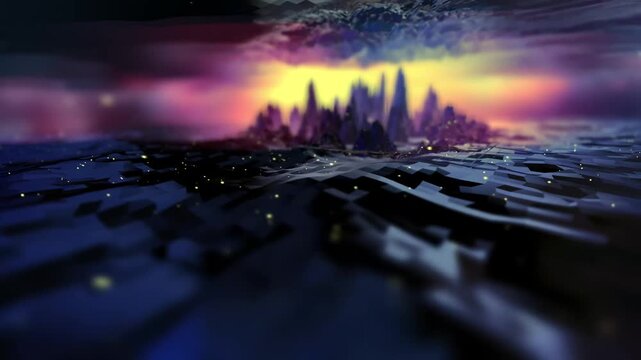 Abstract low poly cyber landscape with glowing digital particles and purple neon mountains in smooth flowing motion