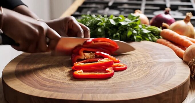 A person skillfully slicing red bell peppers on a wooden cutting board in a vibrant kitchen