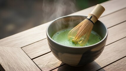 Steaming Matcha Tea in Ceramic Bowl.