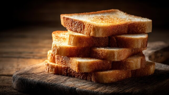 Close-up of freshly baked toasted bread slices stacked on a wooden cutting board with warm lighting and dark background