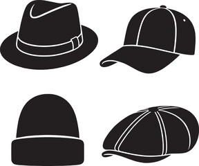 Fototapeta premium A diverse collection of detailed vector silhouettes representing various types of hats and caps for fashion design or graphic projects.