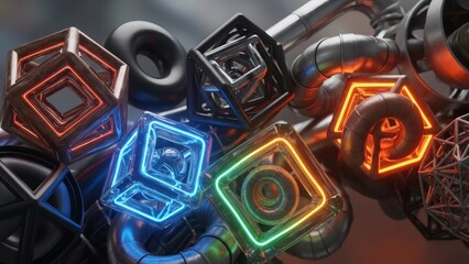 Neon Gaming Controllers on Dark Surface.