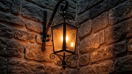 Vintage Lantern on Stone Wall at Night.