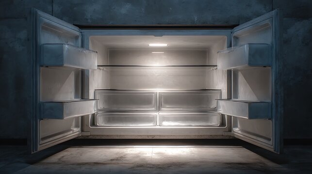 Empty refrigerator interior illuminated by interior light