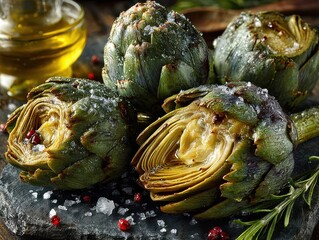Fresh steamed artichokes with salt pepper and herbs on dark slate background high angle view