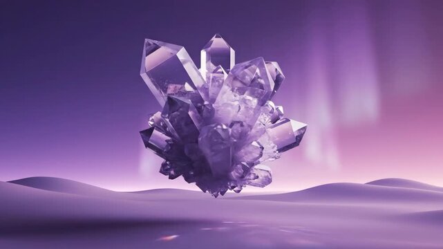 Floating crystalline mineral formation above undulating terrain under aurora