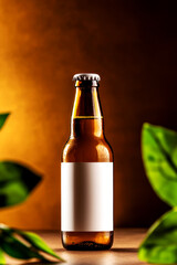Refreshing Pilsner Beer Bottle Surrounded by Green Leaves Close-Up Photography Warm Lighting Natural Setting Focused View of Craft Beverage