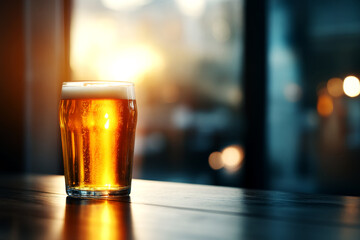 Refreshing Pilsner Beer Glass at Sunset in a Cozy Bar Captivating Evening Atmosphere Warm Light Inviting Environment for Relaxation and Enjoyment