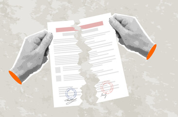Trendy halftone collage Businessman hands tearing apart contract. Contract termination concept. vector illustration. Trendy newspaper cut out paper elements	
