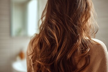 Naklejka premium Close up of long wavy brown hair with natural shine in soft sunlight