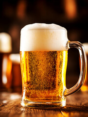 Refreshing Beer Pilsner Experience at a Cozy Pub High-Quality Beverage Photography Warm Rustic Environment Captured from Eye-Level Viewpoint