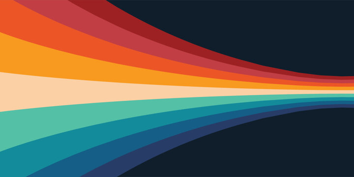 Abstract colorful 70s background vector. Vintage retro style wallpaper with lines, rainbow wavy stripes. 1970 color illustration design suitable for poster, banner, decorative, wall art.