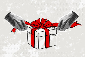 Trendy halftone collage  hands opening a gift. Gift box, Christmas gift Birthday gift, one line art vector illustration. Trendy newspaper cut out paper elements	