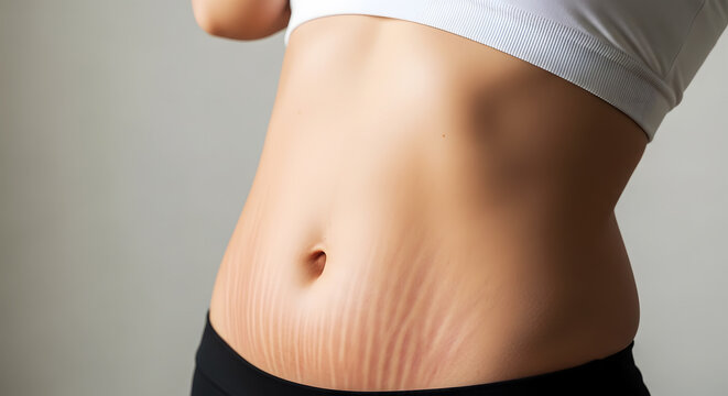 Close up of a woman's abdomen showing visible stretch marks and navel skin body