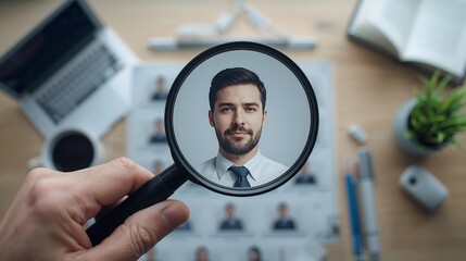 Fototapeta premium A close-up of a person's face being examined with a magnifying glass. The man is looking at the camera with a serious expression, and his face is in focus