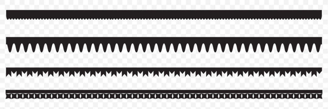 Scalloped edge line border strokes set. Fabric laces silhouette frame. Repeat cute vintage frill ornament. Black color Scalloped edge. Vector illustration. EPS 10