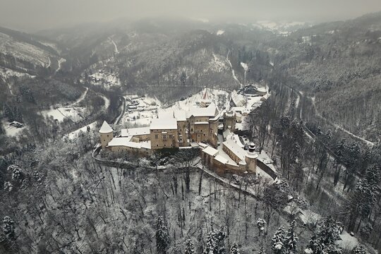 Beautiful old Pern&scaron;tejn castle in winter with snow, landscape and winter nature. Czech Republic Nedvedice.