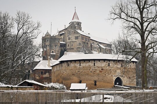 Beautiful old Pern&scaron;tejn castle in winter with snow, landscape and winter nature. Czech Republic Nedvedice.