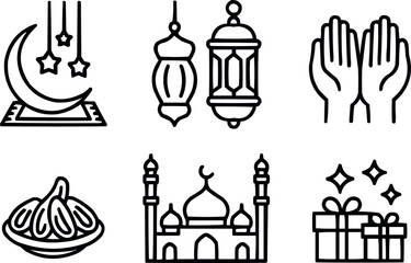 Obraz premium Islamic icons set for ramadan and eid celebration with moon mosque lantern prayers dates gifts
