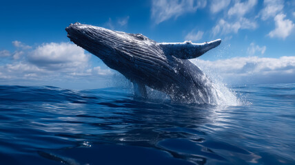 Obraz premium A majestic whale breaching in a clean, sparkling ocean, shot from a boat deck.