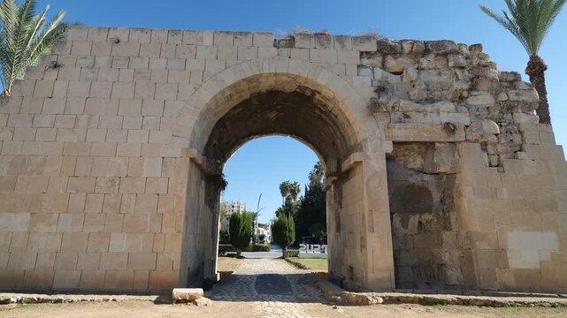 Mersin, T&uuml;rkiye. The historic Cleopatra gate in the Tarsus region. 4k video 