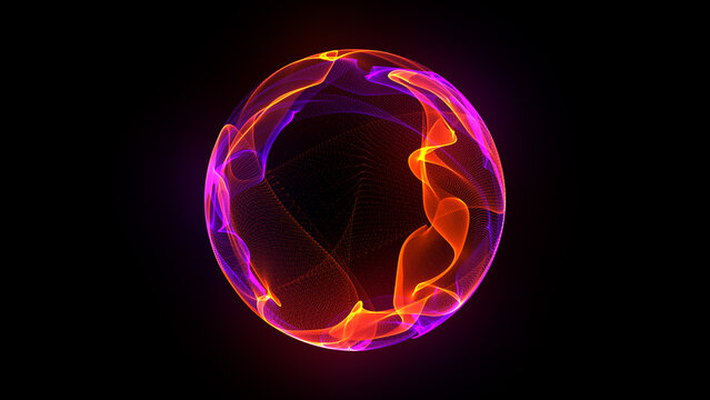 Bright futuristic 3d sphere in the Universe. Purple and orange energy orb. Virtual assistant. Neon glowing sphere background. Artificial Intelligence, technology, and virtualization. 