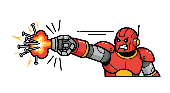 Red Robot Character Firing Metal Projectiles.