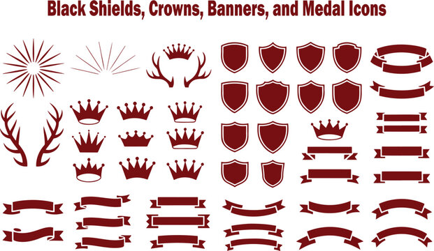 A set of dark red heraldic shields, crowns, banners, and decorative starbursts for royalty themes