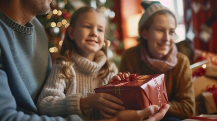 Obraz premium Family Children Giving Gift in Festive Christmas Celebration