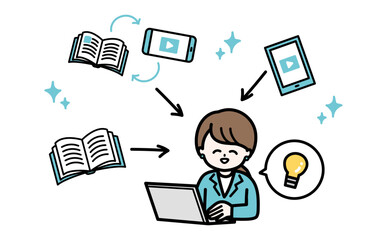 ビジネスのDX推進とリスキリングをイメージした図解ベクターイラスト。信頼感のある青緑色。