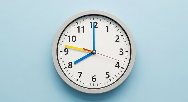 White analog clock with blue yellow and red hands on light blue background white clock