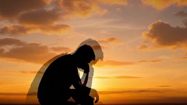 Solitude at Sunset: A silhouette of a solitary figure lost in thought against a vibrant sunset, evoking a sense of introspection and melancholy.