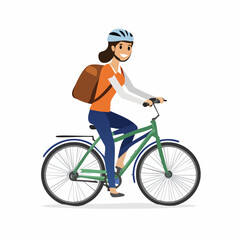 Obraz premium Happy young woman cyclist riding her green bicycle, wearing a helmet and backpack, enjoying an active lifestyle and outdoor journey on a white background